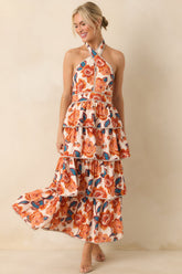 A Little Brighter Orange Floral Print Criss Cross Halter Maxi Dress
