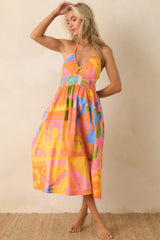 Paradisa Maldives Orange Multi Cotton Abstract Print Midi Dress