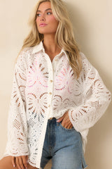 Paradisa Tropez White Palm Lace Cotton Button Front Blouse
