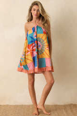Paradisa Ithica Multi Tropical Mosaic Cotton Halter Swing Mini Dress