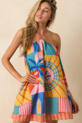 Paradisa Ithica Multi Tropical Mosaic Cotton Halter Swing Mini Dress