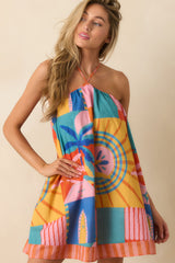Paradisa Ithica Multi Tropical Mosaic Cotton Halter Swing Mini Dress