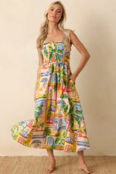 Paradisa Havana Multi Coastal Village Print Cotton Midi Dress