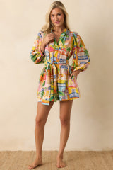 Paradisa Conch Key Multi Coastal Village Print Cotton Mini Dress