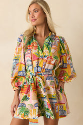 Paradisa Conch Key Multi Coastal Village Print Cotton Mini Dress