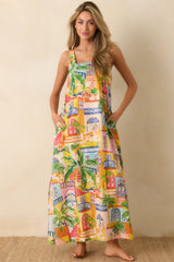 Paradisa Grenada Multi Coastal Village Print Cotton Maxi Dress