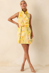 Prosperina Lilly Butter Yellow Multi Floral Silky Ruffle Mini Dress