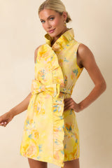 Prosperina Lilly Butter Yellow Multi Floral Silky Ruffle Mini Dress