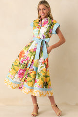 Prosperina Savannah Multi Linen Blend Scenic Coastal Print Midi Dress