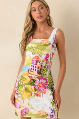 Prosperina Shalon Multi Linen Blend Scenic Coastal Print Mini Dress
