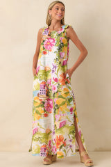 Prosperina Lucie Multi Linen Blend Scenic Coastal Print Maxi Dress