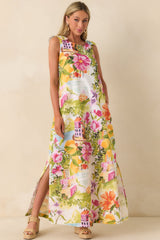 Prosperina Lucie Multi Linen Blend Scenic Coastal Print Maxi Dress