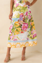 Prosperina River Multi Linen Blend Scenic Coastal Print Midi Skirt