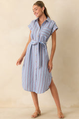 Prosperina Jules Blue & Red Stripe Cotton Midi Shirt Dress