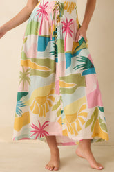 Paradisa Lucia Multi Tropical Lagoon Print Cotton Midi Skirt