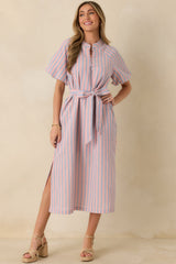 Elegantly In Route Pink & Blue Stripe Cotton Blend Belt Tie Midi Dress