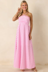 Picnic Pretty Pink Stripe Cotton Floral Hem Halter Maxi Dress