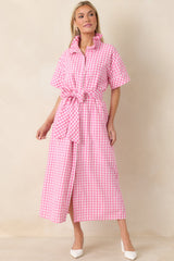 Check Me Out Pink Gingham Ruffle Collar Belted Maxi Dress