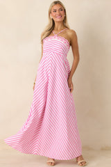 Picnic Pretty Pink Stripe Cotton Floral Hem Halter Maxi Dress