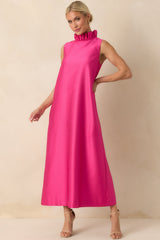 Prosperina Cecily Hot Pink Ruffle Neck Maxi Dress