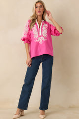 Simple Joys Pink Embroidered V-Neck Puff Sleeve Top