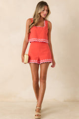 MINKPINK Amaya Coral Red & Pink Cotton Embroidered Shorts
