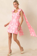 Make It Memorable Pink Floral Jacquard Bow Sash Mini Dress