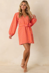 Sunset Check-In Pink & Orange Plaid Cotton Wrap Mini Dress