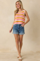 Sunkissed Sorbet Pink & Orange Stripe Crochet Knit Tank Top