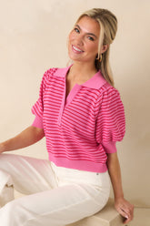 Plans After Work Pink Stripe Knit Polo Top