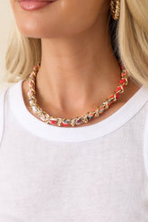 Heiress Luxe Orange Multi Scarf-Woven Gold Chain Necklace