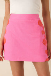 Cute With a Kick Pink & Poppy Red Embroidered Mini Skirt