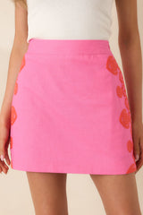 Cute With a Kick Pink & Poppy Red Embroidered Mini Skirt