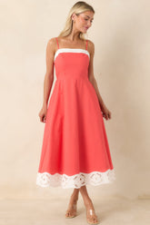 Cut Out for It Poppy Red & Ivory Cotton Linen Floral Cutout Midi Dress