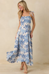Santorini Sketch Blue Palm Print Tie Strap Maxi Dress