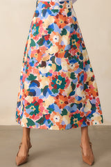 Prosperina River Orange Multi Floral Print Cotton Midi Skirt