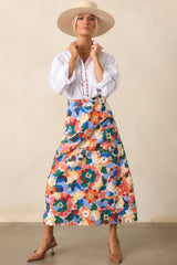 Prosperina River Orange Multi Floral Print Cotton Midi Skirt