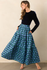 Prosperina Fontaine Blue Multi Geometric Print Cotton Maxi Dress