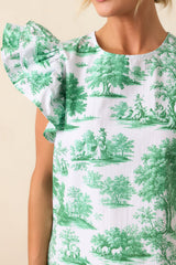Avery Eden Green Toile Cotton Ruffle Top