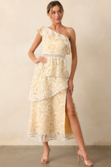 Vineyard Stroll Yellow Floral Embroidered One Shoulder Maxi Dress