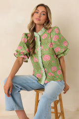 Meadow Morning Green & Pink Floral Print Puff Sleeve Top