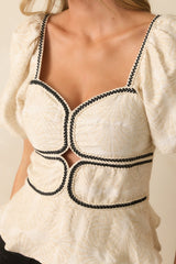 The Real Thing Light Beige Cotton Contrast Trim Peplum Top