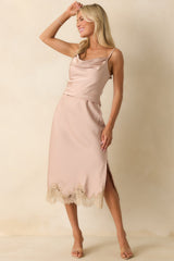 Just Call Me Later Dusty Pink Satin Lace Trim Midi Skirt