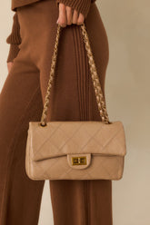 Hold the Line Beige Quilted Faux Leather Chain Strap Handbag