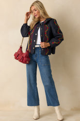 Wildflower Trails Dark Indigo Denim Quilted Embroidered Button Up Jacket