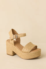Walking On Sunshine Natural Raffia Block Heel Platform Sandals