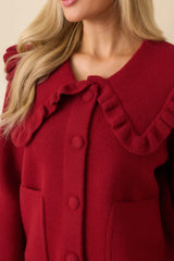 Frilled To Announce Cranberry Red Oversize Ruffle Collar Cardigan Sweater