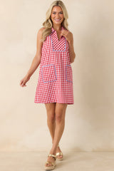 Summer Side Dish Red Gingham Cotton Mini Shift Dress