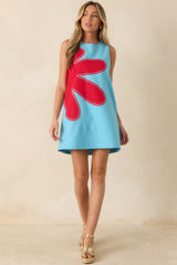 Mood Booster Light Blue & Red Appliqué Mini Shift Dress
