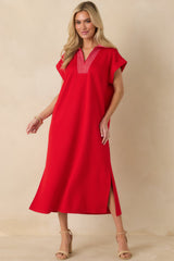 Let It Play Out Red Knit Contrast Detail V-Neck Short Sleeve Midi Dress